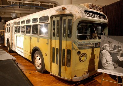 The Henry Ford Museum commemorates the 46th anniversary of U.S. civil rights legend Rosa Parks' arrest aboard a Montgomery, Alabama, bus in 1955 by unveiling the bus she was arrested on in a ceremony in Dearborn, Michigan, on 01 December 2001. The Henry Ford Museum recently acquired the bus. Mrs. Parks was arrested on 01 December 1955 after she refused to give up her seat to a white person. AFP PHOTO Jeff KOWALSKY