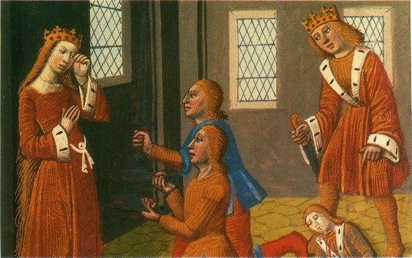 Assassinat de Thibaut et Gunthar. Chroniques de France, manuscrit du xve siècle. Bibliothèque nationale, Paris.